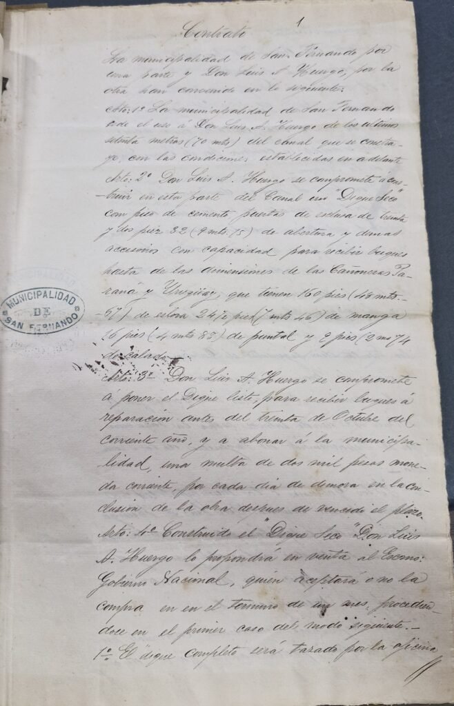 Contrato entre la Municipalidad de San Fernando y el Ingeniero Huergo por las obras del Dique Seco